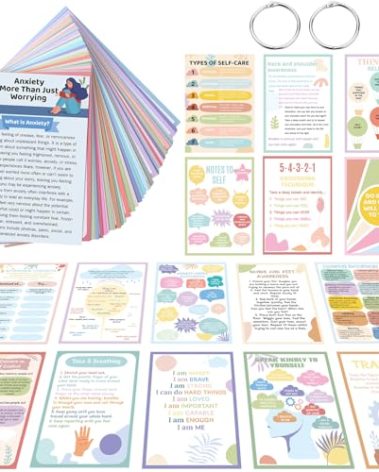 Affrolling 72 Pcs Anxiety Coping Skill Cards Social Anxiety Relief & Self Care Flashcard with Metal Binder Rings Coping Strategy Therapy Cards for Family University and Office(5.9 x 4 Inches)
