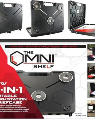The OmniShelf Portable Workstation, Magnetic Toolbox, Laptop Stand w/ 50 lb Capacity, Hands Free Workstation, Attach to HVAC, Trucks, Walls, Poles etc. (Model # OSO1 - Magnets)