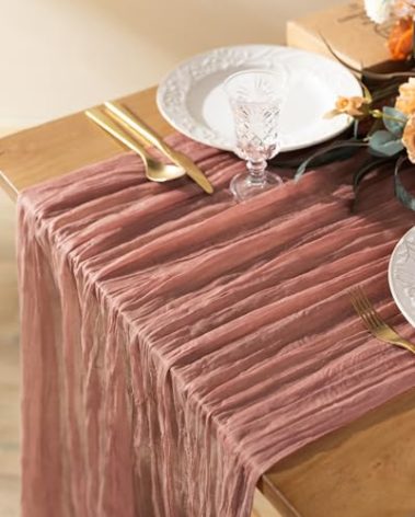 Vitalizart Cheesecloth Table Runner 10ft Gauze Boho Rustic Peach Coral Cheese Cloth Table Runner for Wedding Bridal Shower Fall Thanskgiving Decoration 120 Inches Pink