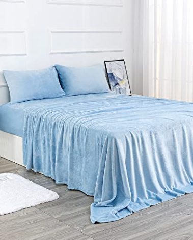 Micro Fleece Sheets Set Queen Size – No Pilling and Extra Soft Bed Sheets Set – Velvet Plush and Cozy Warmth Sheets with Deep Pocket (Queen, Blue 4 Piece)