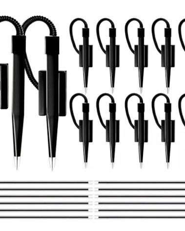 Performore 12 Pack of 5 inch Secure Counter Pens, Black with Plastic Secure Cord Attached To Adhesive Back Base Pen Holder, Reception Pen Includes 12 Refills for Home Workplace School Office