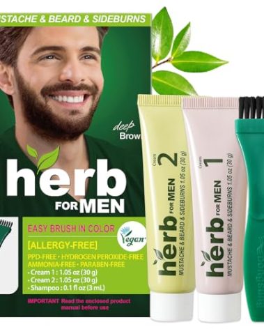 Herb For Men Mustache & Beard Dye (Deep Brown, 1 Pack), PPD-Free Ammonia-Free, Vegan with Natural Ingredients, Odorless, Gentle for Sensitive Skin, No Skin Irritation
