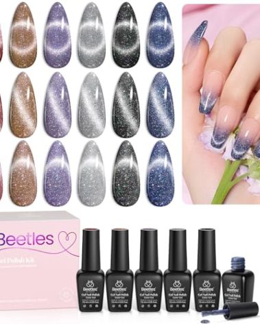 Beetles Cat Eye Gel Nail Polish Set 6 Colors Glitter Red Purple Blue Nail Polish with Magnet Spring Gel Polish Soak Off U V Led Gifts for Women Girls Salon DIY Home