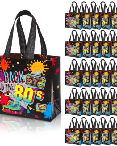 Blosssound 30 Pcs 80s Party Favor Bags Bulk Back to the 80's Nonwoven Gift Tote Bags Hip Hop Candy Goodie Treat Wrapping for Retro 1980s Theme Neon Disco Rock Hippie Birthday Party Supplies Decoration