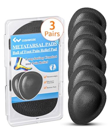 Cushwork Metatarsal Pads for Women Men, 3 Pairs Ball of Foot Cushions All Day Pain Relief for Metatarsalgia, Morton's Neuroma, 1/3 Inch Thick Foot Pads-M