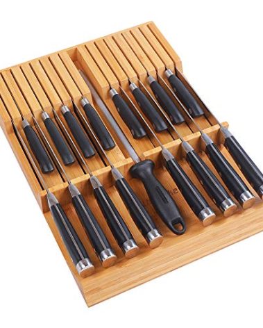 Utoplike In-drawer Knife Block Bamboo Kitchen Knife Drawer Organizer,Large handle Steak knife Holder without Knives, fit for 16 knives and 1 Sharpening Steel