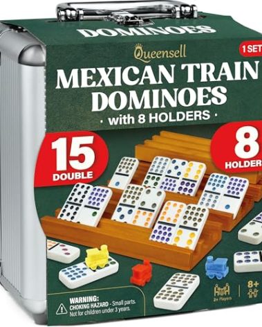 Queensell Mexican Train Dominoes Set Double 15 with 8 Holders - Wooden Hub and Tiles Holders - Double 15 with Dots (D15 + 8 Holders)