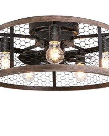 Ohniyou 20'' Flush Mount Caged Ceiling Fan with Lights Remote Control, Farmhouse Rustic Low Profile Small Vintage Enclosed Ceiling Fan Lighting Fixture Bedroom Dining Room