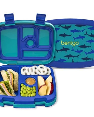 Bentgo Kids Prints Leak-Proof, 5-Compartment Bento-Style Kids Lunch Box - Ideal Portion Sizes for Ages 3-7, Durable, Drop-Proof, Dishwasher Safe, & PFAS & BPA-Free Materials (Sharks)