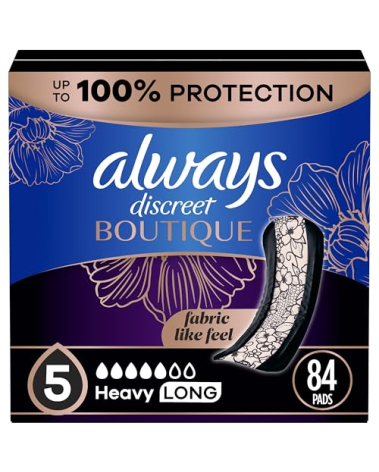 Always Discreet Boutique Adult Incontinence & Postpartum Pads For Women, Size 5, Heavy Long Abondant longues, 28 Count x 3 Packs (84 Count total) (Packaging May Vary)