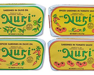 NURI Portuguese Sardines Variety Pack | 4 Pack Bundle | One of Each | Pure Olive Oil, Spiced Pure Olive Oil, Tomato and Olive Oil AND Spiced Tomato and Olive Oil