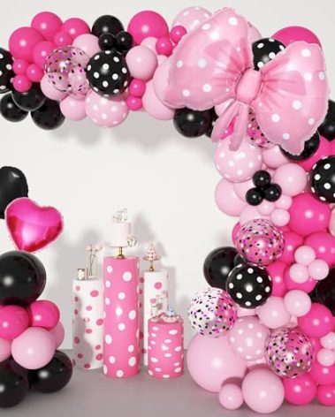 Ouddy Party Pink Mouse Balloon Garland Arch Kit for Cartoon Mouse Theme Birthday Party Decorations Girl Kids, Pink Black Rose Red Bow Foil Balloons Banners for Mouse Baby Shower Party Supplies