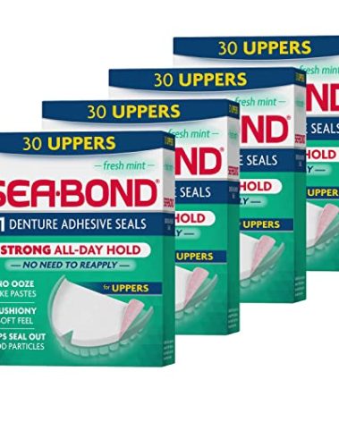 Sea-Bond Secure Denture Adhesive Seals, Fresh Mint Uppers, Zinc-Free, All-Day-Hold, Mess-Free, 30 Count (Pack of 4)