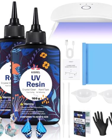 KISREL UV Resin with Light - 200g Upgraded Hard Type Crystal Clear Ultraviolet Curing UV Resin Kit, 8 Lamp Beads UV Light, Resin Kit with Light for Craft Jewelry Making