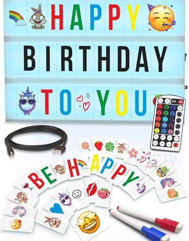Cinema Light Box with Letters – Marquee Color Changing Light Box Sign with 386 Black & Color Letters & Emoji & 2 Markers- Premium Light Up Letter Board – 16 Dimmable Remote-Controlled Colored Options