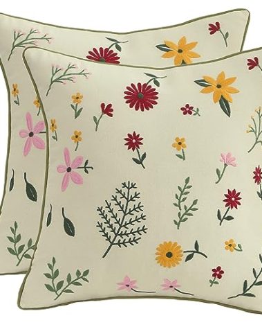 Tosleo Spring Decorative Pillowcases 18 x 18 inch Pack of 2 Embroidered Throw Pillow Covers Farmhouse Pillow Cushion Cases Home Decor Square Floral Pillow Case (All-Season Flower)