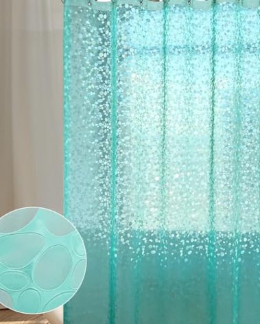 WELTRXE 8G EVA Clear Teal Shower Curtain with 3D Pebbles Design, 72x72 Inches Plastic Waterproof Shower Curtain Liner with Magnets/12 Hooks/Rustproof Grommets for Bathroom, Heavy Shower Liner