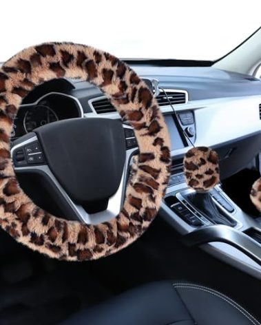 Accmor Fuzzy Car Steering Wheel Cover, Universal Fit Fur Auto Wheel Cover & Handbrake Cover & Gear Shift Cover Set, Leopard Warm Fluffy Vehicle Wheel Protector Car Accessories for Men Women (Brown)