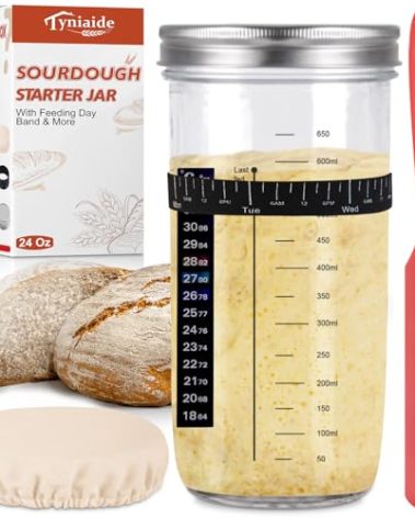 Sourdough Starter Jar Kit, 650ml Sourdough Starter Jar With Thermometer, Silicone Scraper, Cloth Cover And Aluminum Lid. Reusable Sour Dough Starter Jar