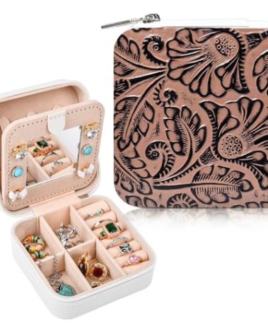 DEEKA Western Jewelry Box Case Real Leather Brown Embossed Tooled Travel Jewelry Organizer Gifts Christmas Gifts for Women Country Girls Cowgirl Stuff Portable Travel Accessories -Brown