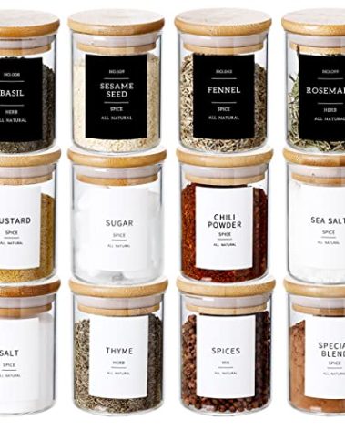 CZZGSM 12 Pcs Glass Spice Jars With 296 Spice Labels Preprinted of White and Black Color- 6oz Thicken(2.4mm) Spice Containers With Bamboo Airtight Lids - Empty Small Herb Seasoning Jars
