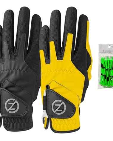 Zero Friction Male Men's Compression-Fit Synthetic Golf Glove (2 Pack), Universal Fit Black/Yellow, One Size (GL00111)