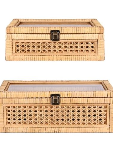 HUAXIN CRAFT H Rattan Decorative Box with Lid, Rectangular Woven with Glass for Display, Set of 2 Wicker for Decor