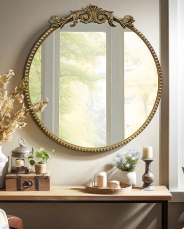 YIDIE Round Mirror, 28''Baroque Style Circle Mirror Vintage Gold Metal Frame Wall Mirrors for Vanity, Bathroom or Bedroom
