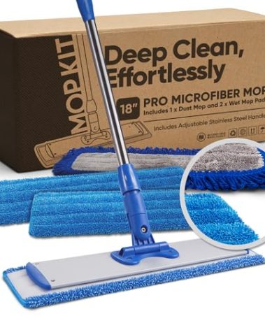 18” Pro Microfiber Hardwood Floor Mop - Cleans Floor in Seconds | Dust & Wet Mopping | Hardwood, Tile, Laminate & Vinyl with 3 Washable Pads, No Buckets Needed with Deluxe Household Mop