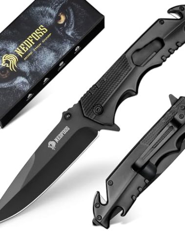 NedFoss FA48 Pocket Knife for Men, 5-in-1 Multitool Folding Knife with Frame-Lock, Bottle Opener, Glass Breaker, Seatbelt Cutter and Wrench, Survival Knife for Emergency Rescue, Camping, Work
