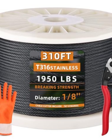 Fulifix 1/8" Black Stainless Steel Cable - 310FT Wire Rope Cable, 7x7 Strands Aircraft Cable for Deck Railings System Kit