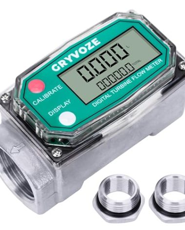 GRYVOZE 1 Inch Digital Turbine Fuel Flow Meter, 2.6-26 GPM Inline NPT Thread Flowmeter with 3/4 in Adapters for Water, Diesel, Gas Oil, Gasoline, and Other Liquids - Supports Gallon, QTS, PTS, L, m³
