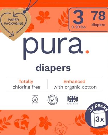 Size 3 Eco-Friendly Diapers (9-20 lbs) Totally Chlorine Free (TCF),Hypoallergenic, Soft Organic Cotton, Sustainable, up to 12 Hours Leak Protection, Allergy UK,26 Count (Pack of 3) (78 Baby Diapers)