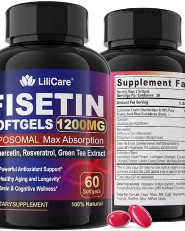 LILICARE Fisetin Supplement - Liposomal Super Absorption 98% Pure 1200mg with Quercetin, Resveratrol, Green Tea Extract for Healthy Aging & Longevity, Skin Health, Brain & Antioxidant - 60 Softgels