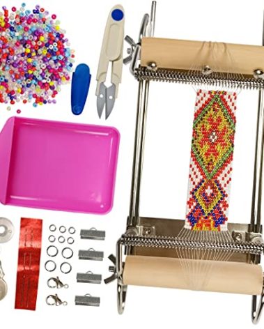 hobbyworker The Second Generation Adjustable Bead Loom Kit with Seed Beads,Large Eye Curved Beading Needle, Funnel Tray,Lobster Clasp,Open Ring and Bead Mat for Jewelry Making kit