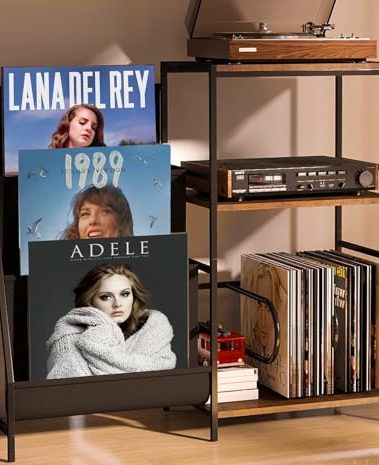 Record Player Stand With Vinyl Storage, 3-Tier Turntable Record Stand Holder, Vinyl Records Storage Shelf Holds Up to 300 Albums, Modern Vintage Black Record Player Table for Living Room