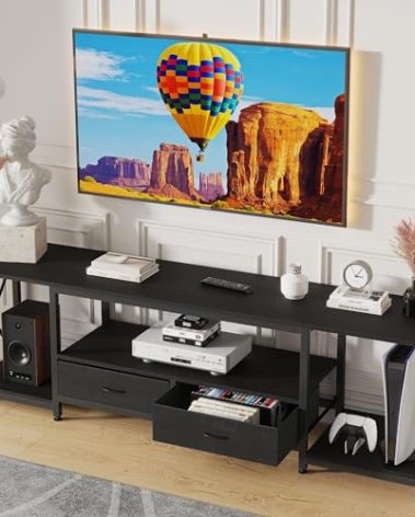 GYIIYUO TV Stand with Fabric Drawers for 55 60 65 Inches TV - Entertainment Center and Industrial TV Console Table with Open Storage Shelves for Living Room, Bedroom - 55.1" Black