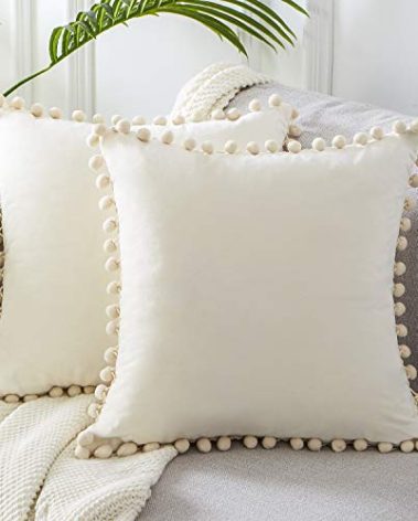 Top Finel Cream White Throw Pillow Covers 20x20 inches Set of 2, Soft Velvet Couch Pillow Covers with Pom Poms Sofa Pillow Decorative Cushion Cases for Livingroom Bedroom Home Decor
