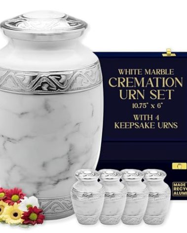 Classic White Marble Cremation Urn Set – Adult Funeral Memorial Container for Human Ashes with 4 Keepsake Urns and Velvet Case | Eco-Friendly Recycled Aluminum Tribute for Home, Service, or Cemetery