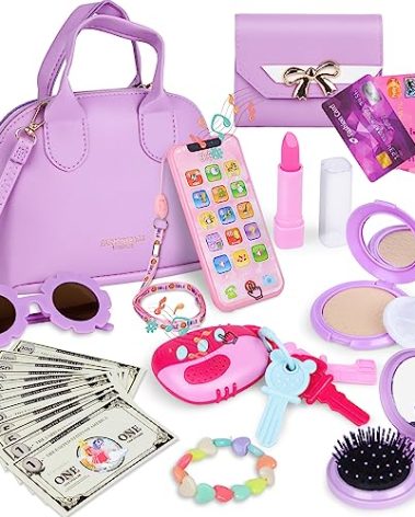 Learn2M Purple Play Purse for Little Girls Ages 3-6, My First Purse Toy with Handbag, Makeup Set, Sunglasses, Smartphone, Wallet, Car Keys, Credit Cards and Fake Money
