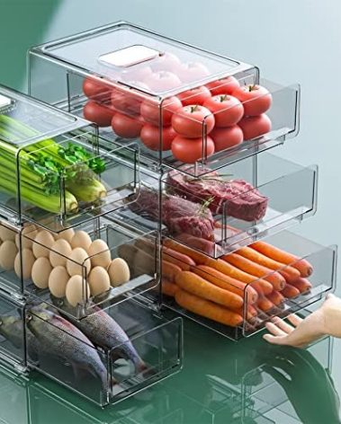 YekouMax Pantry Organizers and Storage Bins, Refrigerator Organizer, Plastic Stackable Storage Bins with Drawers, Pull-Out Cabinet Containers for Fridge Kitchen Office (2 PACK, Extra Large & Medium)