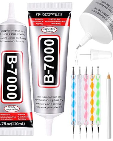 B7000 Adhesive Rhinestones Glue for Crafts, 2PCS 110ml / 3.7 fl oz with 5 Dotting Pen Tool, Wax Pencil and Tweezer, Jewelry Glue for DIY Craft, Makeup, Shoes, Jewelry Making, Nail Art