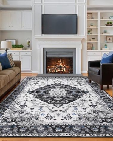 Amearea Vintage Design Area Rugs for Living Room, 6x9 Machine Washable Floral Collection Traditional Bedroom Rug, Low Pile Cute Kids Room Print Carpet, No Slip Office Kitchen Home Decor, Black