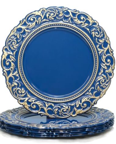 Umisriro Antique Charger Plates with Gold Rim, 13 Inch Royal Blue Dinner Plate Chargers Round Server Ware, Set of 6 Plastic Embossed Charger for Dinner, Wedding, Elegant Tableware Decor