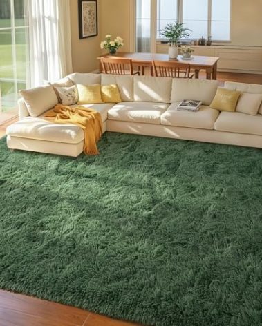 9x12 Area Rugs for Living Room Green Fluffy Shag Rug,Plush Bedroom Grass Carpet for Kids Teens Indoor Classroom Home Decor Aesthetic