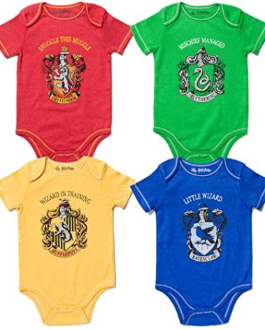 Harry Potter Gryffindor Hufflepuff Ravenclaw Slytherin Newborn Baby Boys 4 Pack Bodysuits 6-9 Months