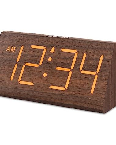 DreamSky Wooden Digital Alarm Clocks for Bedrooms - Electric Desk Clock with Large Numbers, USB Port, Loud Alarm for Heavy Sleepers, Adjustable Volume, Dimmer, Snooze, DST, Wood Décor, Adapter Powered