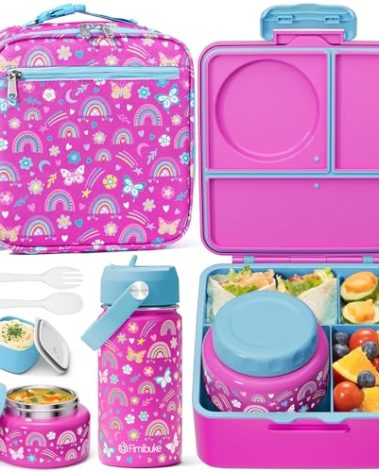 Fimibuke Kids Bento Lunch Box with Thermos, Leakproof Toddler Bento Box with 8.5 OZ Insulated Food Jar, Lunch Bag, Kids Water Bottle, 3 or 4 Compartment Container for Back to School Toddler Girls Boys