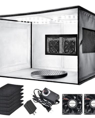 Airbrush Spray Booth with Dual Exhaust Fans,Portable Airbrush Paint Booth for Airbrushing,2 Round Led Lights with 360° Coverage,Turntable and Extension Hose,Hobby Spray Booth Kit for Painting Model