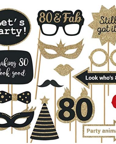 Fully Assembled 80th Birthday Photo Booth Props - Set of 30 - Black & Gold Selfie Signs - 80th Party Supplies & Decorations - Cute Bday Designs with Real Glitter - Did We Mention No DIY